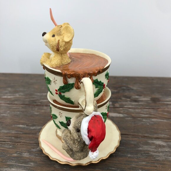 1995 Roman Inc Mice On Tea Cups Figurine Christmas Holiday Holly Hot Cocoa Uniqu - Picture 2 of 7